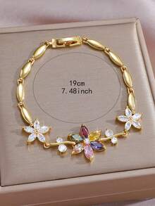 1pc Luxury Colorful Floral Copper Zirconia Bracelet, Suitable For Women's Daily Wear, Dating And Party - Flower Bracelet - View 3
