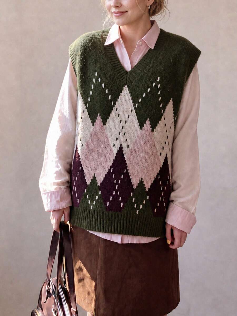 Women's New Autumn Casual Vintage Argyle Pattern V-Neck Pullover Vest - Dark Green - View 1