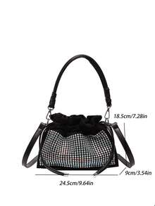 Japanese & Korean Style Niche Design Ins Diamond Shoulder Bag Crossbody Versatile Fashion Handbag Drawstring Fully Rhinestone Commute Outing Daily Shopping Women's Shoulder Bag - Black - View 8