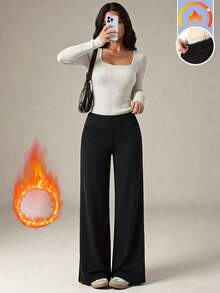 1pc Women's Winter Warm Straight Leg Pants, Winter Long Pants Sports Black - Black - View 2