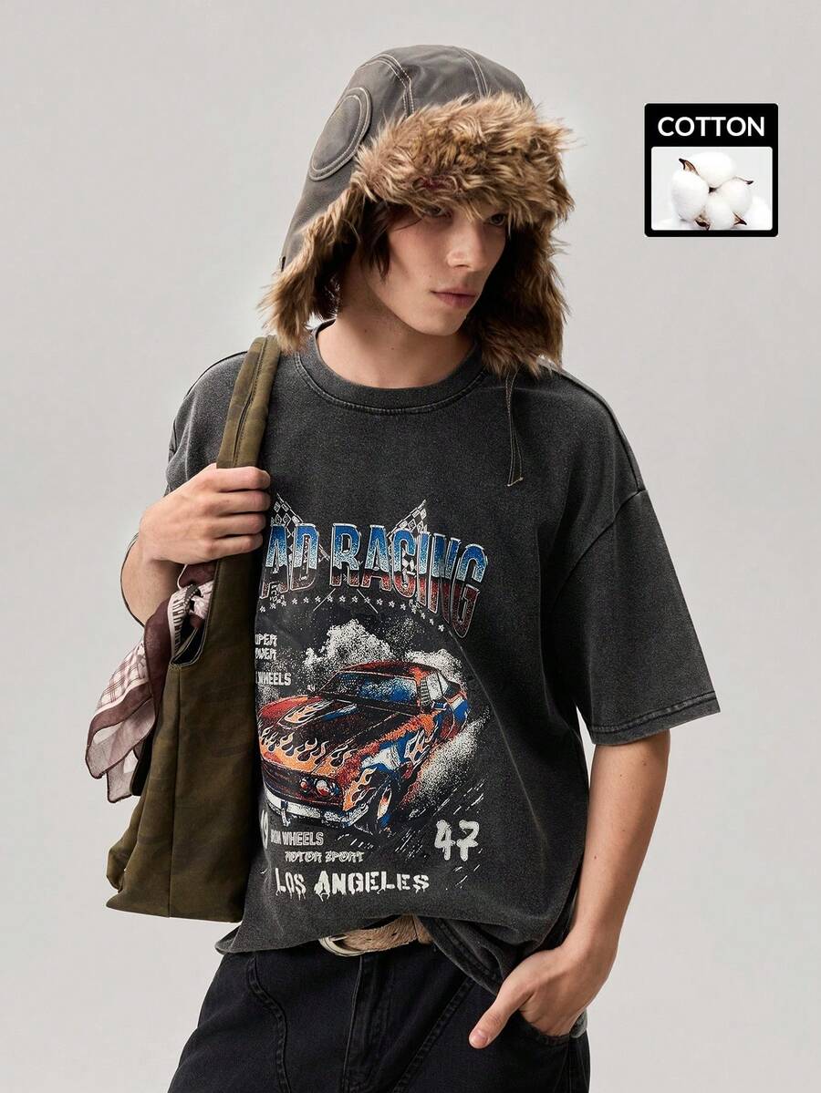 Vaulklash Men Summer Casual Short Sleeve T-Shirt With Letter & Car Graphic Print, For Friends - Dark Grey - View 1
