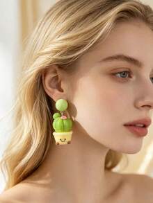 1 Pair Cartoon Cute Resin Cactus Earrings, Personalized Exaggerated Versatile Fashion Sweet Quirky, Suitable For Girls Dating, Vacation, Party, Gathering Outfit Wear - Multicolor - View 3