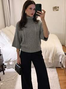 女款休閒秋冬純色灰色高領落肩袖收腰針織紋理毛衣上衣/日常通勤辦公套頭衫 - 灰色 - 查看 7