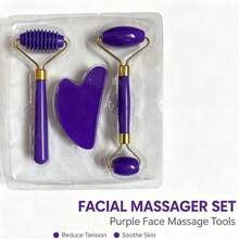 3pcs Plastic Imitation Jade Spiky Roller Gua Sha Board Set, Imitation Rose Quartz Heart-Shaped Facial Massager For Beauty And Skin Firming - Purple - View 6