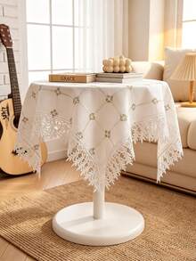 HXARTMIS 1PC White Square Lace Tablecloth, Diamond Embroidery Hollow Out With Tassel Lace Trim Table Cover, Romantic Style Round Coffee Table Side Table Home Decor Tablecloth - White - View 3