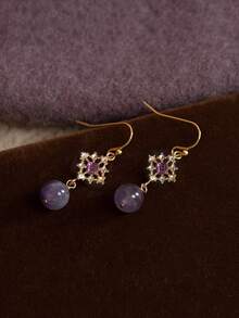 1 Pair French Vintage Hollow Geometric Purple Rhinestone Earrings Suitable For Women's Party And Ball - Purple - View 5