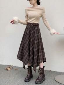Elegant Women's Mid-Length Asymmetric Plaid Skirt, Woven Non-Stretch Fabric, Creating Fashionable Autumn Outfit - Coffee Brown - View 9