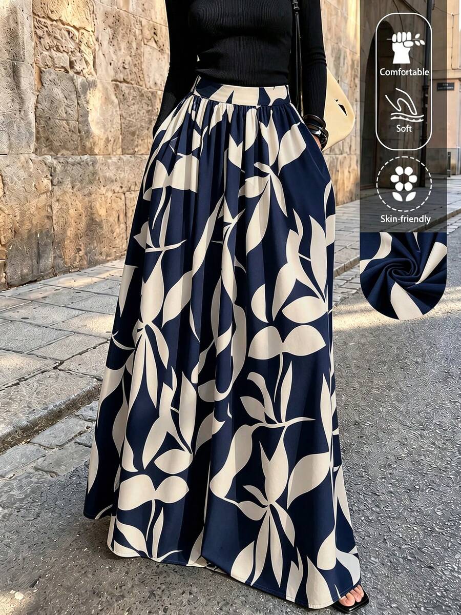 EARO 女士印花高腰 A 字裙，夏季度假裙 - 深藍 - 查看 1