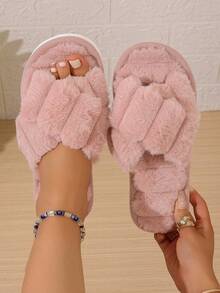Women's Cross Strap Thick Furry Slippers, Comfortable Indoor Home Slippers, Open Toe Warm Slippers For Autumn Winter All Seasons, Gift For Girls - Pink - View 6
