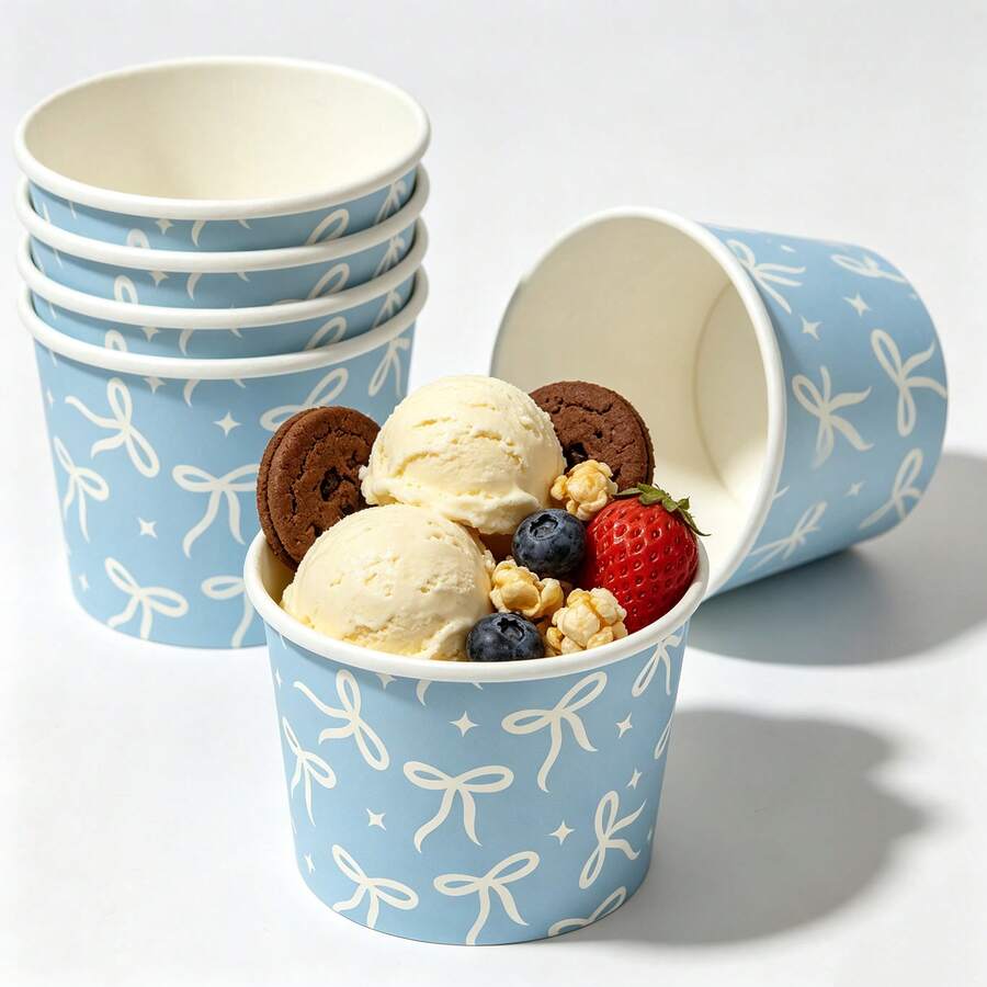 Bow Pattern Ice Cream Cups, Minimalist Ribbon & Star Print, Disposable Dessert Bowls, Suitable For Cold Drinks, Frozen Yogurt, Ice Cream, Pudding And Snacks, Perfect For Adult Elegant Parties, Bridal Showers, Wedding Receptions, Garden Gatherings And Catering Services - Multicolor - View 1
