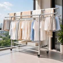 ERUIV Foldable 3-Tier Clothes Drying Rack, Drying Rack For Clothes, Towels And Bedding, Mobile Clothes Rack With Wheels, Space-Saving, Rollable And Easy To Move, With Wind Protection Strips, Ideal For Balcony, Bedroom, Bathroom And Outdoor Areas - 38-tube Folding Three-bar Clothes Hanger - View 10
