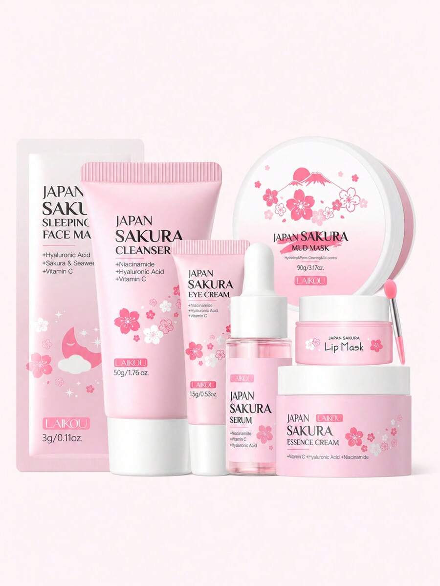 1套 LAIKOU 日本櫻花護膚套組,精華液、唇膜、泥膜、潔面乳、眼霜、精華乳液、睡眠面膜,保濕、緊緻肌膚,SPA 日常自我護理 - SLY72 - 查看 1