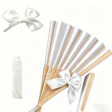 1/3/5/9/15pcs Customized White Bow Ribbon Multi-Piece Set Party Favors, Customized Wedding Hand Fans, White Folding Elegant Paper Fans, Bridal Wedding Gifts, Green Ribbon Accessories, Fashionable And Easy To Use, Free Customization Of Any Text - Multicolor - View 7
