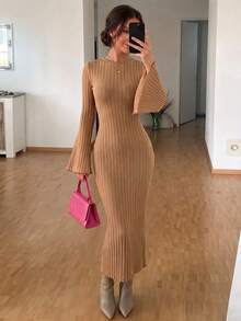 QUNGIGU Women Elegant Vertical Ribbed Knit Long Dress Crew Neck Bell Sleeve Clothes For Daily Casual Going Out Dating - Brown - View 2