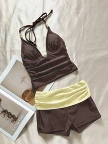 Women's Halter Tankini Swimwear Shorts Set, Suitable For World Cup, Casual Summer Vacation Beach Wear Brown - Brown - View 8