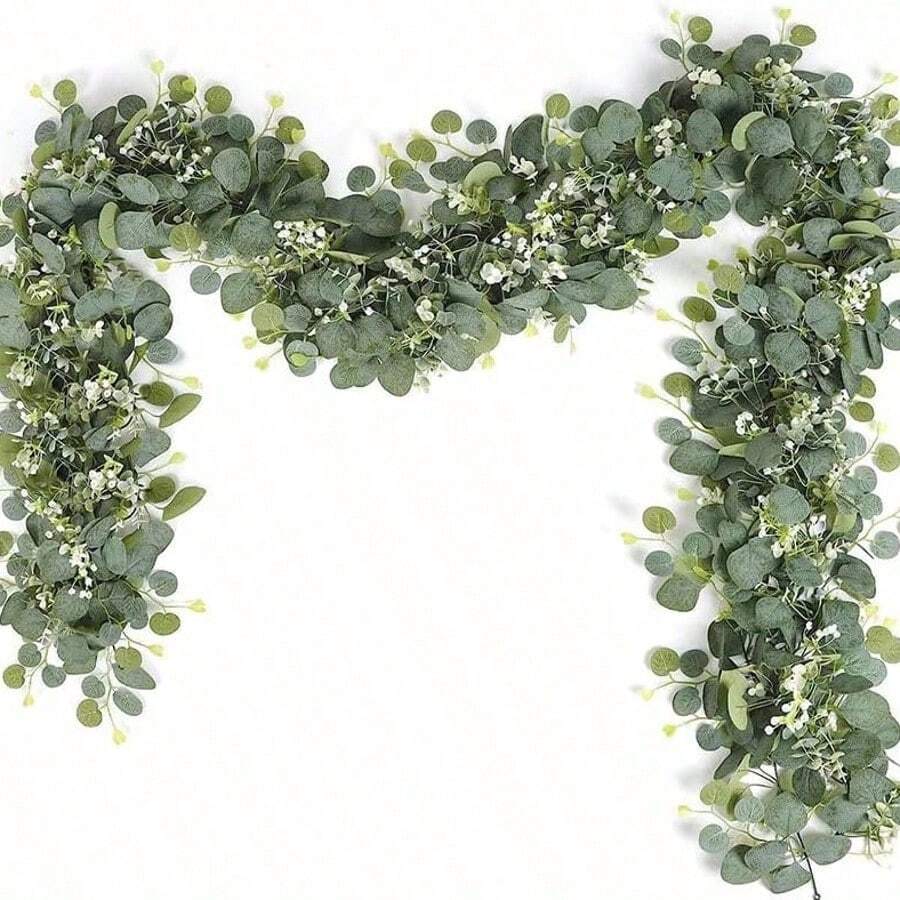 1/2/4 sợi dây treo trang trí lá bạc hà Dollar Eucalyptus kèm hoa baby, dây leo xanh nhân tạo cho đám cưới, tiệc, bệ lò sưởi, khăn trải bàn, trang trí nhà cửa, trang trí mùa thu, quà tặng tựu trường, cây giả