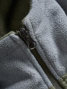 1pc Men's Colorblock Fleece Zip-Up Hoodie, Full Zip Drawstring Hem Hooded Jacket, Spring/Autumn Outdoor Casual Long Sleeve Coat - Army Green - View 4