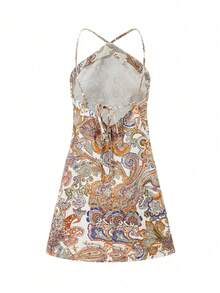 Vuslat Women's Autumn French Vintage Paisley Paisley Floral Print Spaghetti Strap Strap Short Dress, Retro Color-Block Paisley Full Print Pattern, Back V-Shaped Hollow Lace-Up Waist Design, Adjustable Spaghetti Strap With Tie Decoration, Holiday Outfit, Summer Beach Vacation, City Street Shopping, French Cafe Date, Afternoon Tea Outing, Festival Outfit, Mexican Parade Outfit, Country Music Concert Outfit - Multicolor - View 7