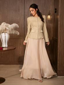 Bộ 2 món áo khoác tweed đính sequin thanh lịch cho nữ và chân váy dài, cổ tròn, viền tương phản đính cúc, phù hợp đi làm hàng ngày, văn phòng, tiệc tùng, chất liệu mềm - Màu be - Xem 9