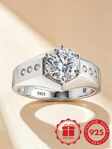 Anel Grande de Diamante de Prata Esterlina S925 de Luxo para Homens, Anel de Noivado de Negócios com Zircônia Cúbica de Alto Brilho de 6 Garras, Presente Premium para Namorado com Caixa de Presente - Prata - Visão 5