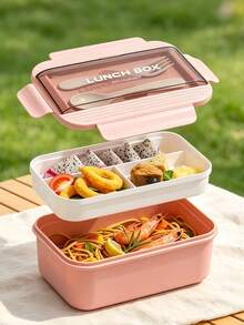 1pc Pink Bento Box With Utensils, Microwave Stackable Lunch Box, Lunch Bento Box With Spoon And Fork, Insulated Lunch Bag, Suitable For Christmas Gift, Back To School, Birthday Gift, Office Lunch - Multicolor - View 2