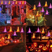 1 String Of 6 Dual-Color Witch Hat Lights, Halloween Hanging LED String Lights, Outdoor Garden Party Carnival Decoration, 6 Dual-Color Witch Hats On One String, Halloween Hanging Lights For Yard Outdoor Party Decoration - 1-pack Halloween Hat - View 5