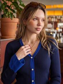 Women's Ribbed Knit V-Neck Cardigan, Contrast Trim, Long Sleeve Button Front, Suitable For Autumn/Winter Wear - Navy Blue - View 2