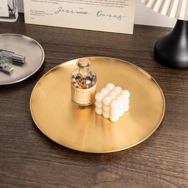 1 pieza Bandeja de joyería de estilo nórdico minimalista, bandeja de lujo de nicho de alta gama en color dorado, bandeja de almacenamiento de escritorio, bandeja de almacenamiento de baño de acero inoxidable, bandeja de exhibición de maquillaje y joyería, bandeja de fragancia, bandeja de vela de aromaterapia