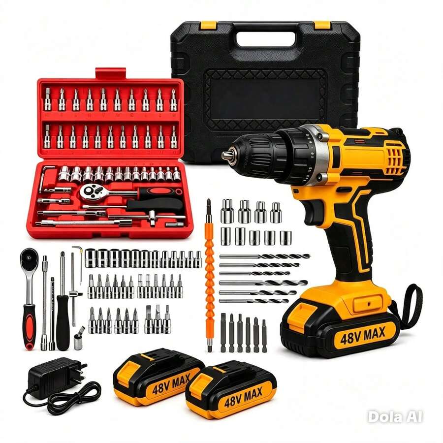 Parafusadeira Furadeira De Impacto 2 Baterias + Kit 46 Peças - Amarelo - Visão 1