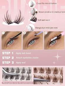 Brown Natural Thin False Eyelash Clusters, Anime Style False Eyelash Clusters, Spiky False Eyelash Extensions, C Curl Single False Eyelash Extensions, Spiky Single False Eyelash Extensions, 8-16mm Flat Base False Eyelash Clusters, Home DIY False Eyelash Extensions - D - View 3