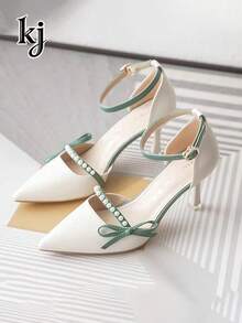 1 Pair Fashionable High Heels With Faux Pearl Bow And Ankle Strap, Suitable For Ball, Wedding, Party, Date And Other Occasions - Green - View 1