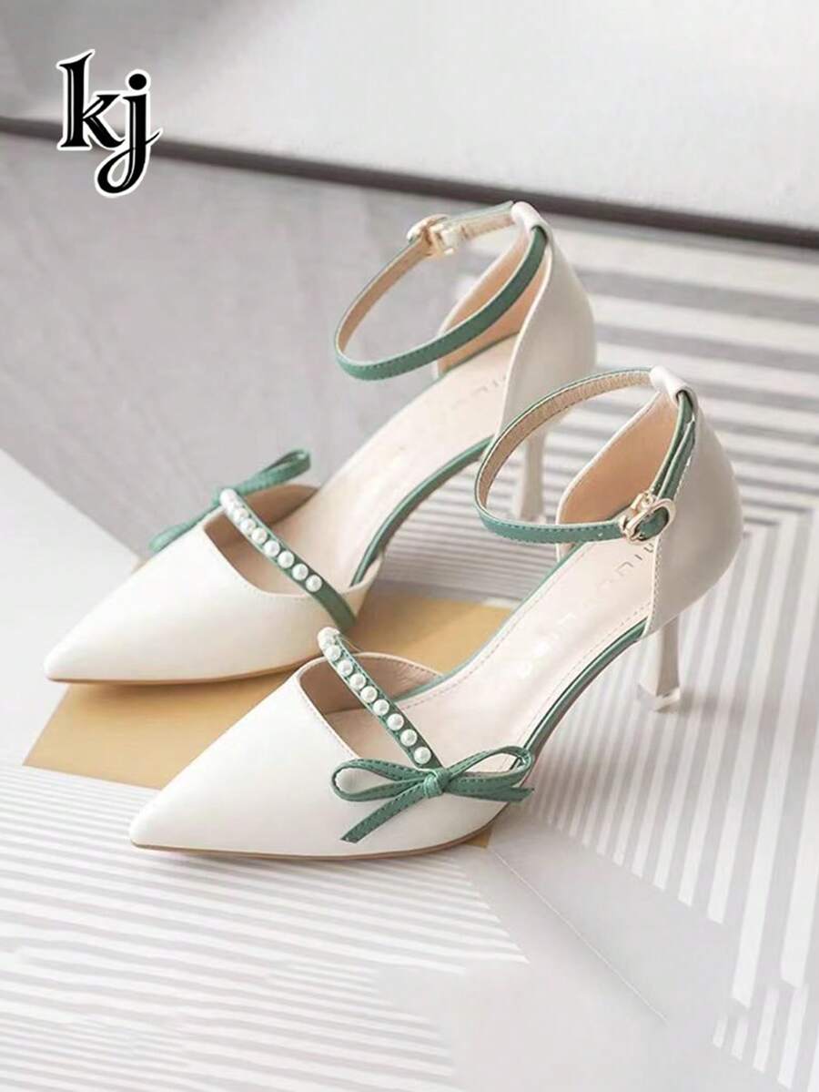1 Pair Fashionable High Heels With Faux Pearl Bow And Ankle Strap, Suitable For Ball, Wedding, Party, Date And Other Occasions - Green - View 1