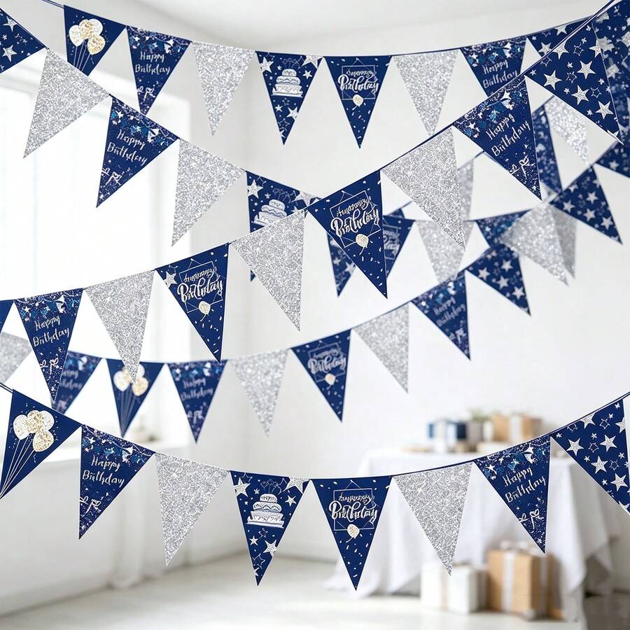 8/16/24 PCS Midnight Blue Star-Shaped Birthday Decorative Flag Set, Silver Sequin Triangular Flag, Featuring Birthday Cake And Balloon Patterns, Suitable For Male Birthday Party Wall Decoration Items - View 1