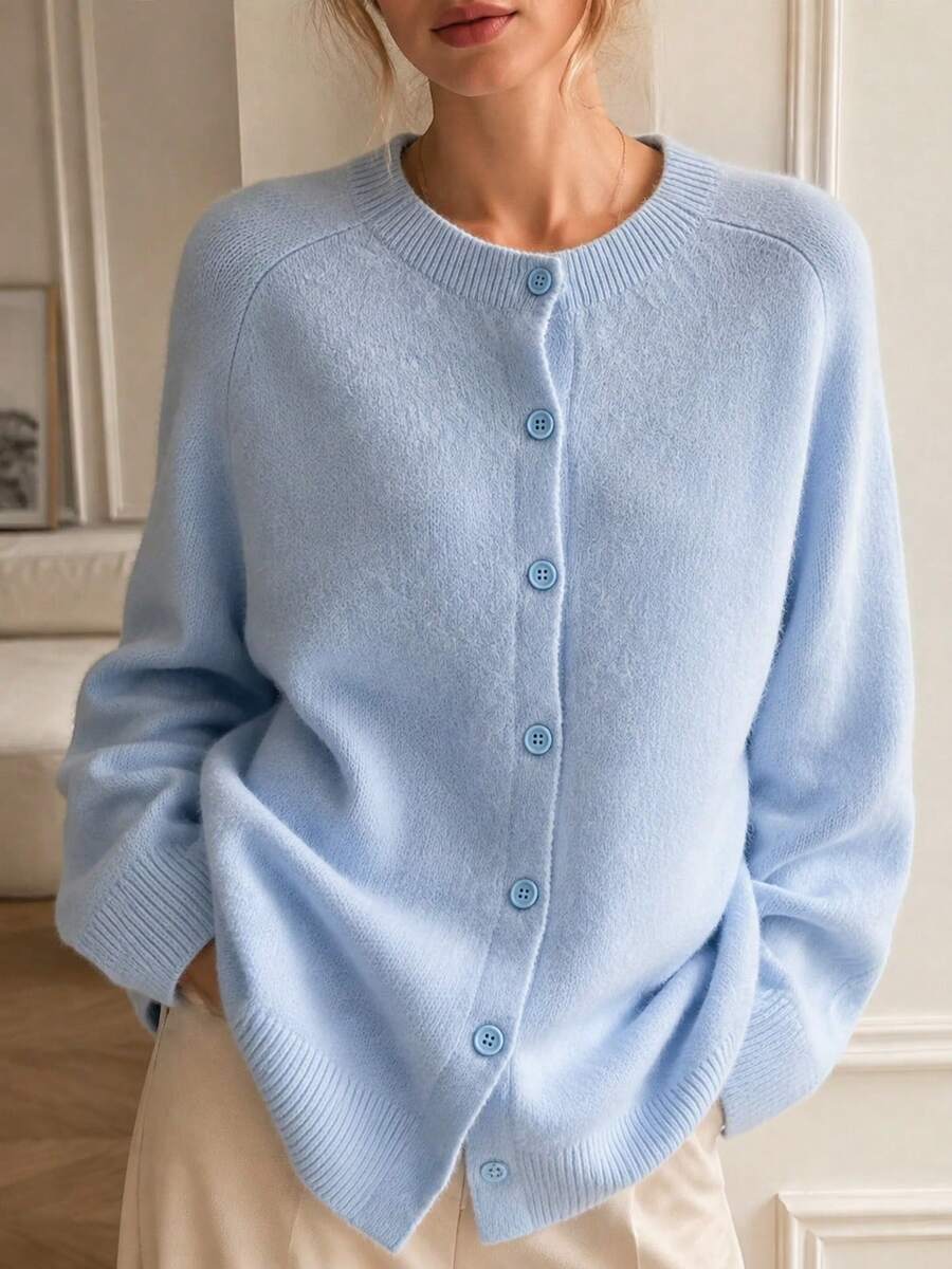 Women's Autumn Sweater, Gentle Light Blue Solid Color Round Neck Button Front Cardigan, Office And Outdoor Street Style Fall