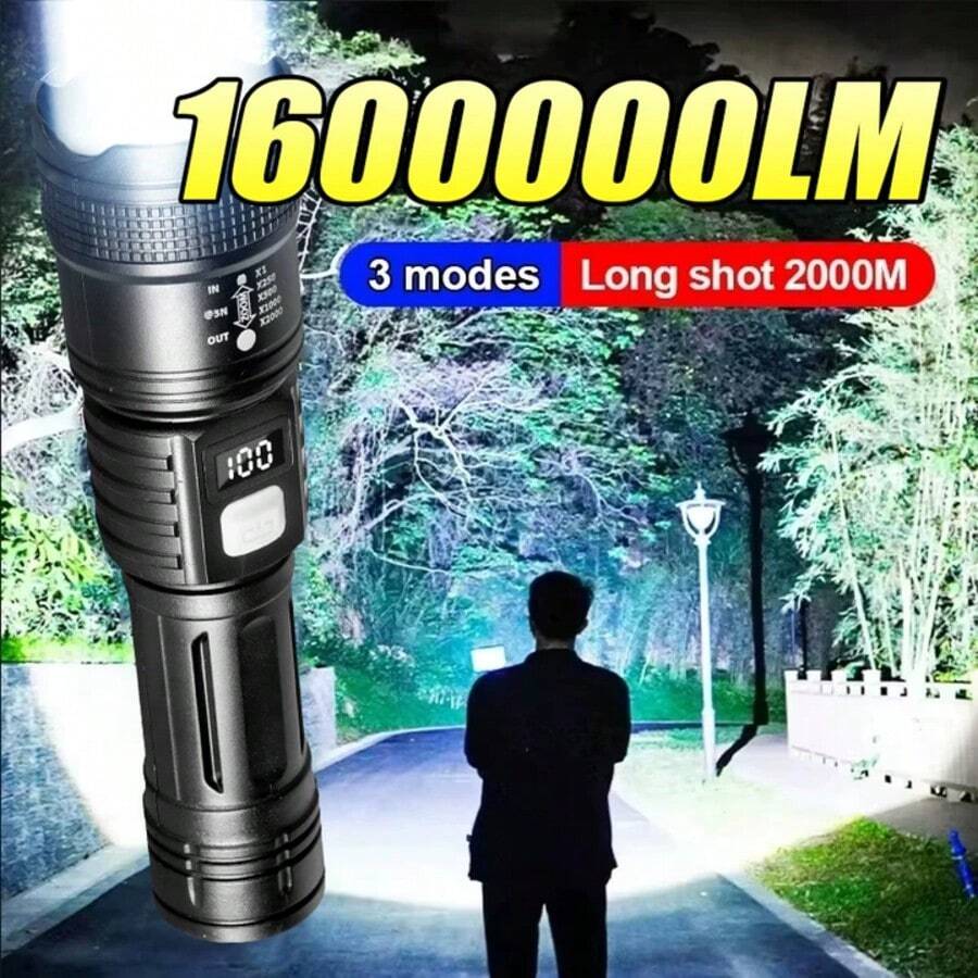 1600000LM XHP50 LED Flashlight, High Brightness Zoomable Tactical Flashlight, 3 Modes, Type-C Rechargeable, LED Power Display, IPX8 Waterproof, 5 Hours Working Time, Suitable For Camping, Hiking Emergency, Night Fishing