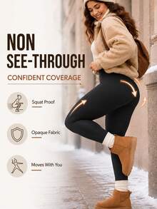 Women's Fleece Lined High Waist Tummy Control Warm Leggings, Elastic Slim Fit Autumn/Winter Daily Wear Pants - Black - View 5