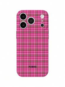 PJDNX 1pc Pink & Brown Color Block Plaid Print Phone Case, Striped, Fruit Style, Bear, Glossy Film Hard Shell, Precise Lens & Earpiece Cutouts, Full Coverage, Ultra-Lightweight Bare-Hand Feel, Phone 17 Pro Max Phone Case, Compatible With Phone 16 Pro Max, 15 Pro Max, 14 Pro Max High-End Fashion Fun Phone - Pink - View 1