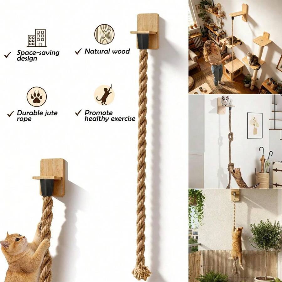 1.3m Wall Mounted Cat Climbing Rope, Natural Jute Scratch Resistant Scratcher With Hardwood Brackets, Cat Toy For Climbing Scratching Indoor Outdoor Use - Khaki - View 1