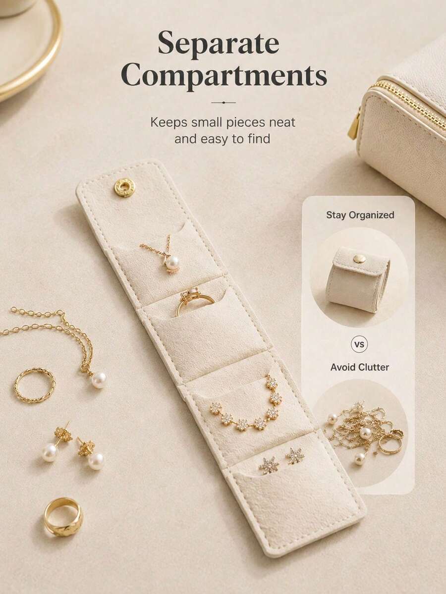 Mini Fiber Leather Jewelry Roll Bag, Multifunctional Closed Earring Necklace Storage Bag, Suitable For Travel, Daily Life, Dormitory, Campus - Multicolor - View 1