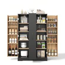 Kitchen Cabinet With Spice Rack, Spacious Double Door Cabinet With 4-Tier Vertical Extension, Adjustable Shelves And Modern Design - 120 * 78 * 35 Cm, Black And Natural, 78 X 35 X 120 Cm - Black - View 5