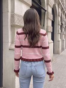 女款秋冬休閒優雅荷葉邊飾彩色條紋對比領開襟針織上衣，外出穿搭、返校服裝、度假穿搭 - 粉色 - 查看 11