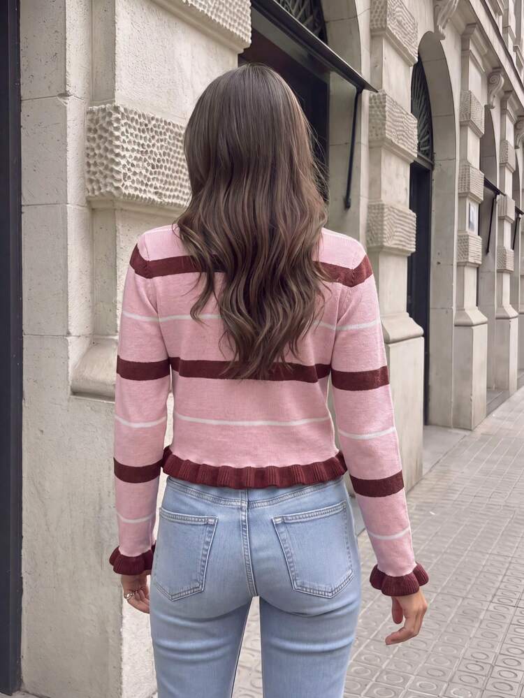 Women's Autumn/Winter Casual Elegant Ruffle Trim Colorful Striped Contrast Collar Cardigan Top, Outing Outfit, Back To School Clothing Vacation - Pink - View 11