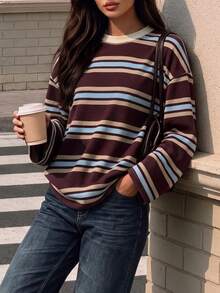 Women Fall Elegant Striped Crew Neck Long Sleeve Loose Tee, Color Block Stripe Print Casual Tops Daily Commute Holiday Festival - Multicolor - View 6