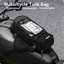 1pc AM ROAD FOX Motorcycle Tank Bag, Black Polyester Fabric, Waterproof Magnetic Design, With Touchscreen Navigation Window, Multi-Functional Portable Riding Handbag, Practical Street Bike Accessory - A - View 1