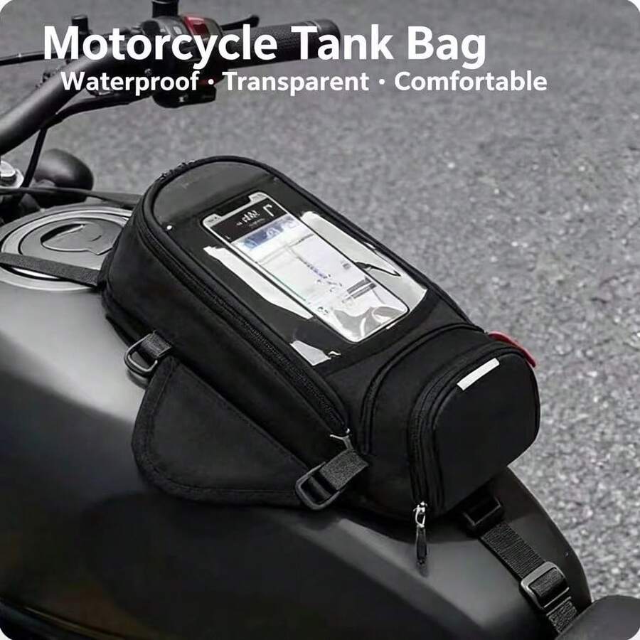 1pc AM ROAD FOX Motorcycle Tank Bag, Black Polyester Fabric, Waterproof Magnetic Design, With Touchscreen Navigation Window, Multi-Functional Portable Riding Handbag, Practical Street Bike Accessory - A - View 1