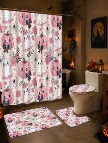 1/4pcs Halloween Pink Cute Ghost Pumpkin Shower Curtain Set, With 12 Hooks Waterproof Polyester Shower Curtain, Bathroom Curtain, Privacy, Thickened, Durable Quick Dry, 180*180cm Size, Halloween Thanksgiving Autumn Harvest Bathroom Decor - A - View 5