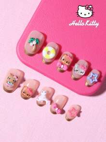 Sanrio Hello Kitty 24片短橢圓金色法式穿戴甲，附可愛3D Hello Kitty、蝴蝶結與星星裝飾，完美貼合壓克力假指甲套組，含1片果凍膠與1個指甲锉，Kuromi風格，適合女性女孩日常、派對與聚會使用 - 彩色 - 查看 2