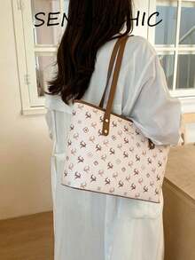 Deer & Bear Print Contrast Binding Rivet Wide Strap Letter Embossed Decor Large Capacity Tote Bag With Zipper Lining Compartment Open Closure Soft Girl Style Handbag For Books Laptop Daily Essentials Student School Commute Travel Outfit Brown Sweet Underarm Shopping Bag - Brown - View 5
