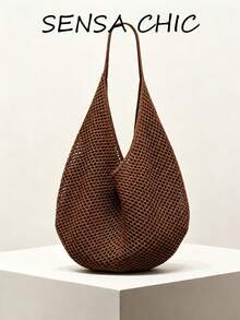 Minimalist Water Drop Hollow Woven Shoulder Bag, Breathable Mesh Large Tote Bag, Suitable For Outdoor Walking And Daily Use (No Lining, Soft Material) - Coffee Brown - View 1