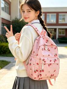 3-Piece Set - Fashionable College Style Strawberry Pattern Backpack Combination, Includes Backpack, Portable Lunch Bag And Stationery Organizer, Built-In Laptop Compartment, Adjustable Shoulder Straps, Multi-Layer Large Capacity Travel Bag Set, Multi-Functional Daily Commute Bag Combination, Suitable For Girls, Young Students, College Students, Fresh Graduates, Applicable For Daily Commute, Leisure Vacation, Short Trips, Back To School - Pink - View 5